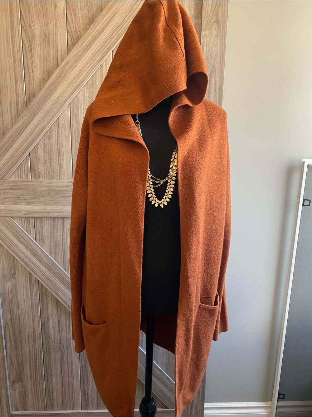 twik Hooded Open-Front Cardigan in Rust Orange